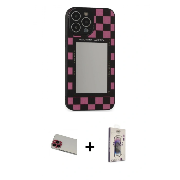 MARSİLYAN™- iPhone 13 Pro Max Kılıf Odak Klasik Serisi - Siyah Bilvis 3D Cam Ekran Koruyucu + Kırmızı Rainbow Kamera Lens Koruma Cam