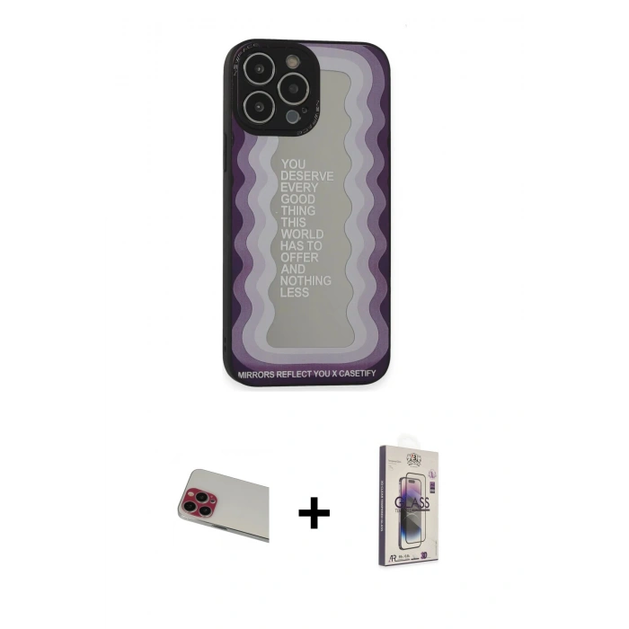 MARSİLYAN™- iPhone 13 Pro Max Kılıf Odak Klasik Serisi - Siyah Bilvis 3D Cam Ekran Koruyucu + Kırmızı Rainbow Kamera Lens Koruma Cam
