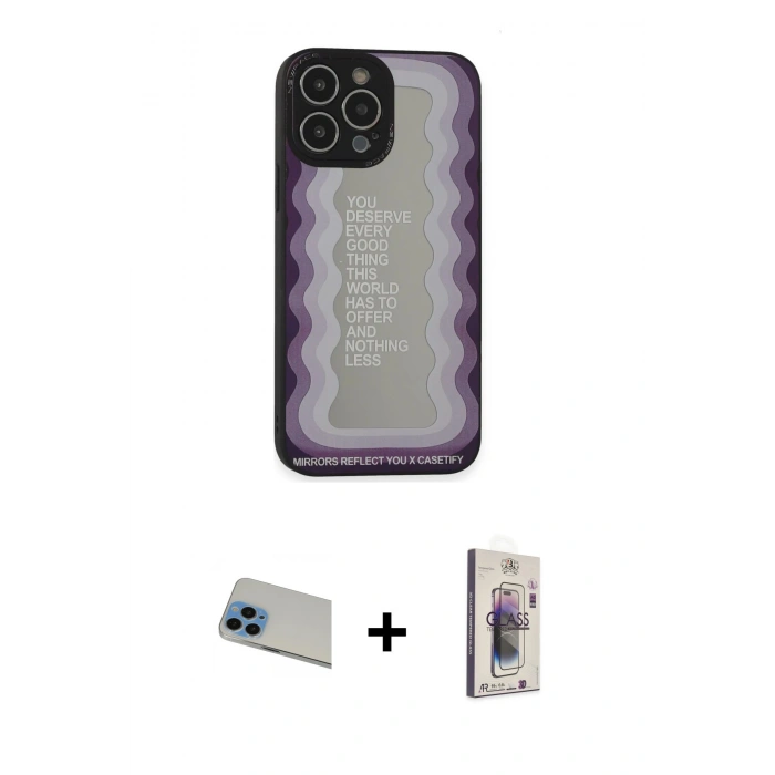 MARSİLYAN™- iPhone 13 Pro Max Kılıf Odak Klasik Serisi - Siyah Bilvis 3D Cam Ekran Koruyucu + Mavi Rainbow Kamera Lens Koruma Cam
