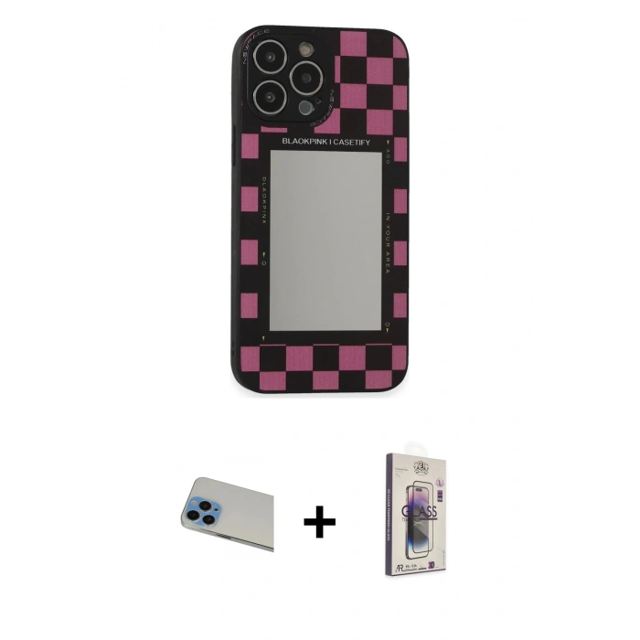 MARSİLYAN™- iPhone 13 Pro Max Kılıf Odak Klasik Serisi - Siyah Bilvis 3D Cam Ekran Koruyucu + Mavi Rainbow Kamera Lens Koruma Cam