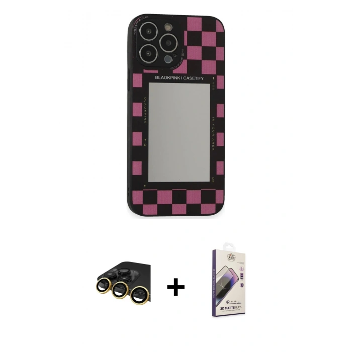 MARSİLYAN™- iPhone 13 Pro Max Kılıf Odak Klasik Serisi - Siyah Bilvis 3D Mat Cam Ekran Koruyucu + Raze Metal Kamera Lens - GD