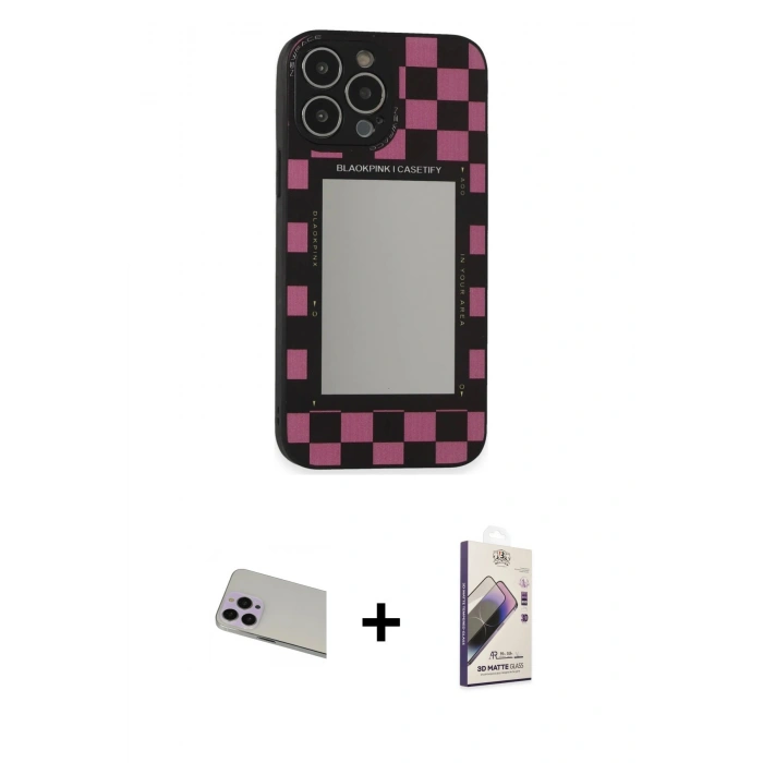MARSİLYAN™- iPhone 13 Pro Max Kılıf Odak Klasik Serisi - Siyah Bilvis 3D Mat Cam Ekran Koruyucu + Rainbow Kamera Lens Koruma Cam - MR