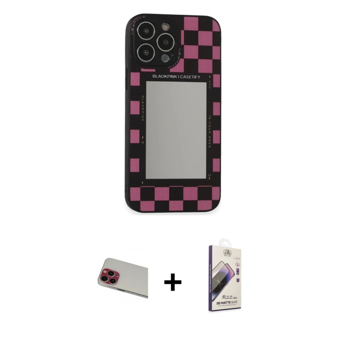 MARSİLYAN™- iPhone 13 Pro Max Kılıf Odak Klasik Serisi - Siyah Bilvis 3D Mat Cam Ekran Koruyucu + Rainbow Kamera Lens Koruma Cam - KI