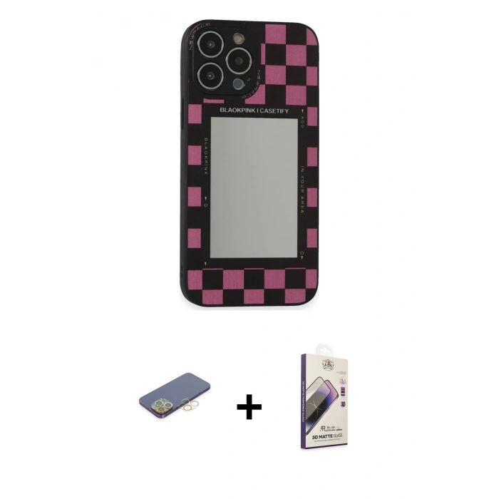 MARSİLYAN™- iPhone 13 Pro Max Kılıf Odak Klasik Serisi - Siyah Bilvis 3D Mat Cam Ekran Koruyucu + Renkli Kamera Lens Koruma Cam - SI