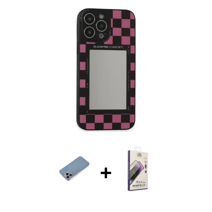 MARSİLYAN™- iPhone 13 Pro Max Kılıf Odak Klasik Serisi - Siyah Bilvis 3D Mat Cam Ekran Koruyucu + Shine Kamera Lens Koruma Cam - PE