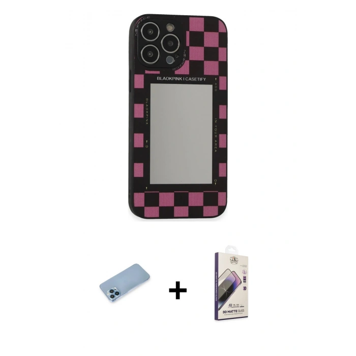 MARSİLYAN™- iPhone 13 Pro Max Kılıf Odak Klasik Serisi - Siyah Bilvis 3D Mat Cam Ekran Koruyucu + Shine Kamera Lens Koruma Cam - MI
