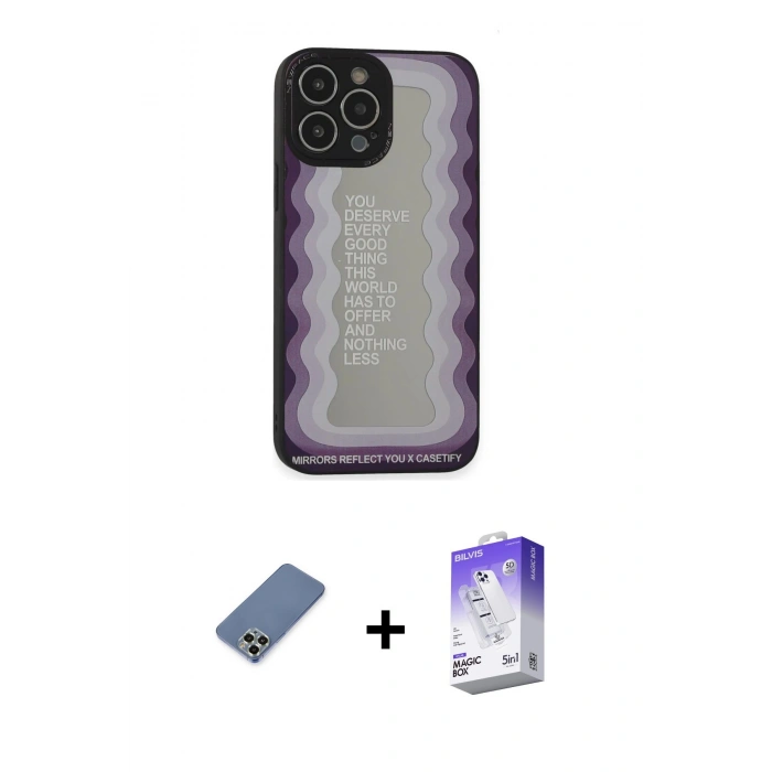 MARSİLYAN™- iPhone 13 Pro Max Kılıf Odak Klasik Serisi - Siyah Bilvis 5in1 3D Magic Cam Ekran Koruyucu + Açık Yeşil Metal Kamera Lens Koruma Cam