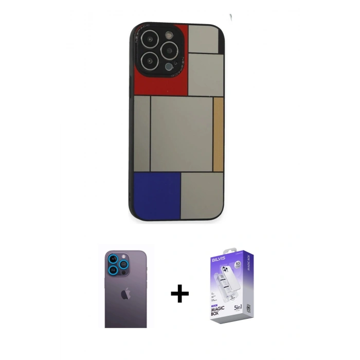 MARSİLYAN™- iPhone 13 Pro Max Kılıf Odak Klasik Serisi - Siyah Bilvis 5in1 3D Magic Cam Ekran Koruyucu + Neon Fosforlu Kamera Lens - MI