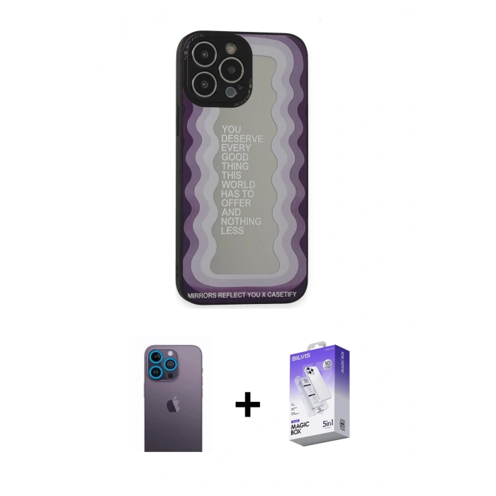 MARSİLYAN™- iPhone 13 Pro Max Kılıf Odak Klasik Serisi - Siyah Bilvis 5in1 3D Magic Cam Ekran Koruyucu + Neon Fosforlu Kamera Lens - MI
