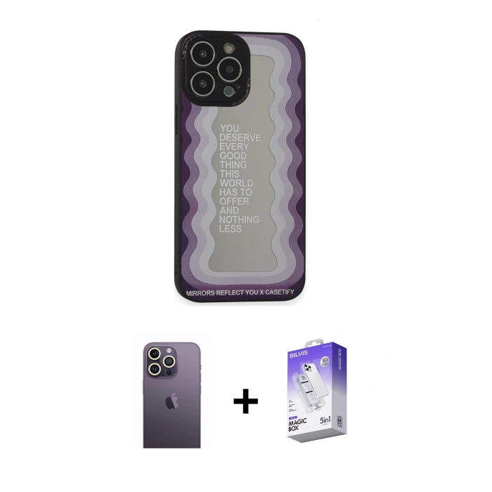 MARSİLYAN™- iPhone 13 Pro Max Kılıf Odak Klasik Serisi - Siyah Bilvis 5in1 3D Magic Cam Ekran Koruyucu + Neon Fosforlu Kamera Lens - BZ