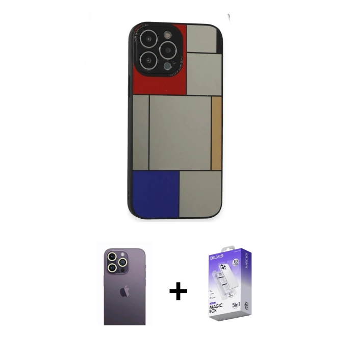 MARSİLYAN™- iPhone 13 Pro Max Kılıf Odak Klasik Serisi - Siyah Bilvis 5in1 3D Magic Cam Ekran Koruyucu + Neon Fosforlu Kamera Lens - BZ