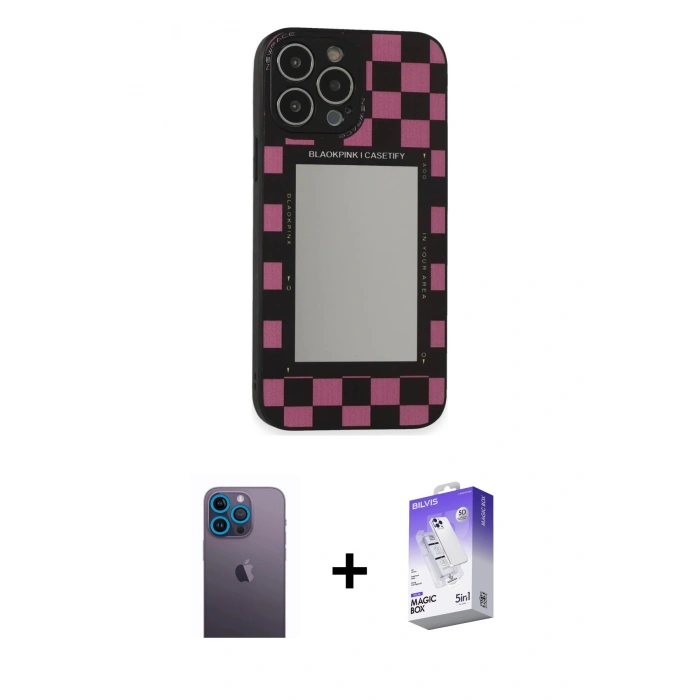 MARSİLYAN™- iPhone 13 Pro Max Kılıf Odak Klasik Serisi - Siyah Bilvis 5in1 3D Magic Cam Ekran Koruyucu + Neon Fosforlu Kamera Lens - MI