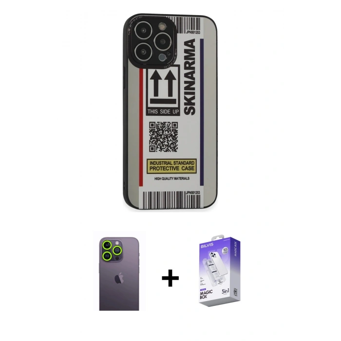 MARSİLYAN™- iPhone 13 Pro Max Kılıf Odak Klasik Serisi - Siyah Bilvis 5in1 3D Magic Cam Ekran Koruyucu + Neon Fosforlu Kamera Lens - YL