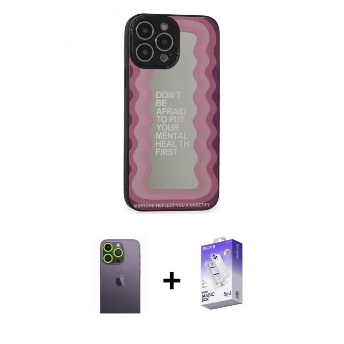 MARSİLYAN™- iPhone 13 Pro Max Kılıf Odak Klasik Serisi - Siyah Bilvis 5in1 3D Magic Cam Ekran Koruyucu + Neon Fosforlu Kamera Lens - YL