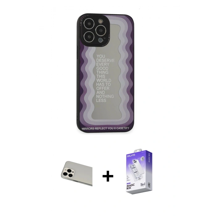 MARSİLYAN™- iPhone 13 Pro Max Kılıf Odak Klasik Serisi - Siyah Bilvis 5in1 3D Magic Cam Ekran Koruyucu + Rainbow Kamera Lens Koruma Cam - BZ