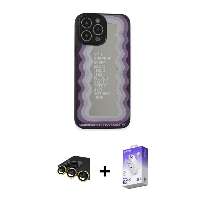 MARSİLYAN™- iPhone 13 Pro Max Kılıf Odak Klasik Serisi - Siyah Bilvis 5in1 3D Magic Cam Ekran Koruyucu + Raze Metal Kamera Lens - GD