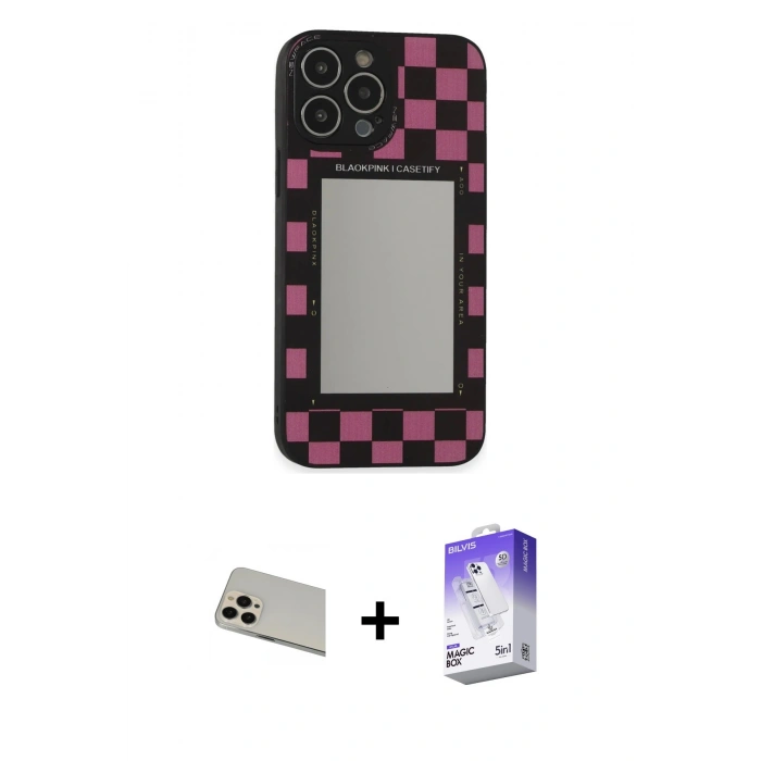 MARSİLYAN™- iPhone 13 Pro Max Kılıf Odak Klasik Serisi - Siyah Bilvis 5in1 3D Magic Cam Ekran Koruyucu + Rainbow Kamera Lens Koruma Cam - REGD