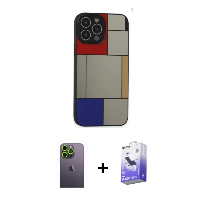 MARSİLYAN™- iPhone 13 Pro Max Kılıf Odak Klasik Serisi - Siyah Bilvis 5in1 5D Magic Hayalet Cam Ekran Koruyucu + Neon Fosforlu Kamera Lens - YL