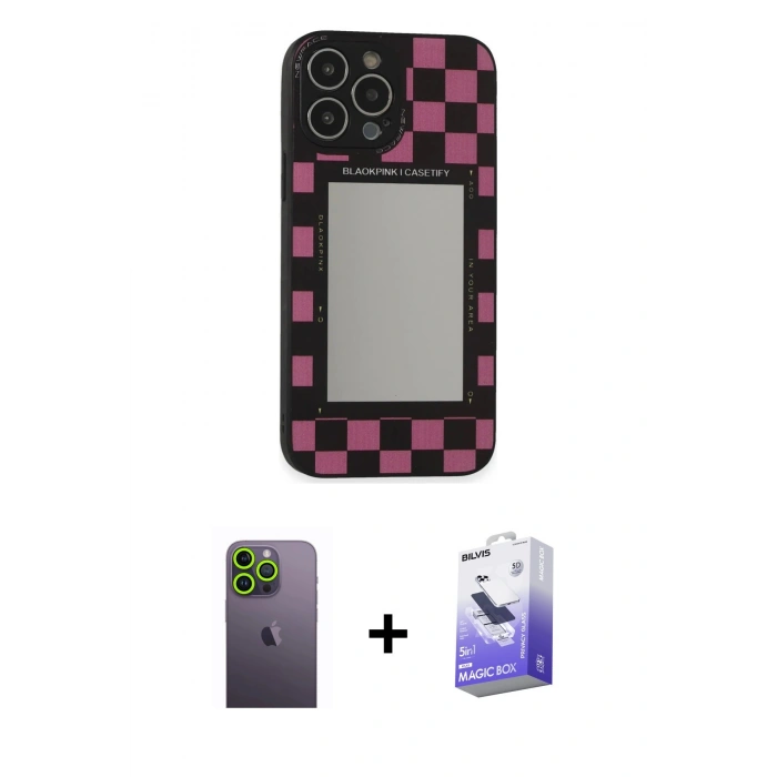 MARSİLYAN™- iPhone 13 Pro Max Kılıf Odak Klasik Serisi - Siyah Bilvis 5in1 5D Magic Hayalet Cam Ekran Koruyucu + Neon Fosforlu Kamera Lens - YL