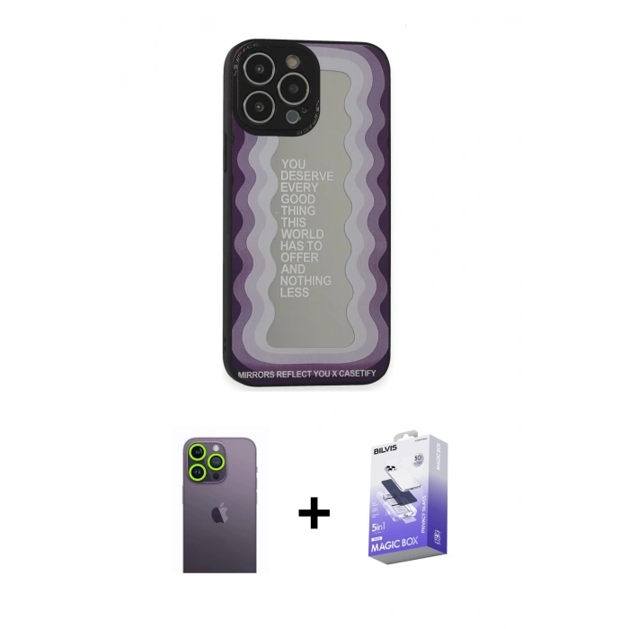 MARSİLYAN™- iPhone 13 Pro Max Kılıf Odak Klasik Serisi - Siyah Bilvis 5in1 5D Magic Hayalet Cam Ekran Koruyucu + Neon Fosforlu Kamera Lens - YL