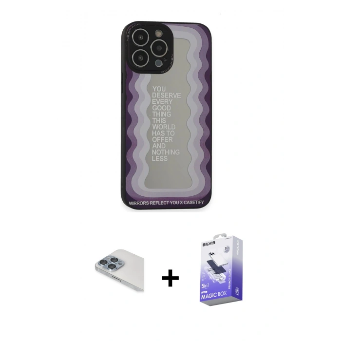 MARSİLYAN™- iPhone 13 Pro Max Kılıf Odak Klasik Serisi - Siyah Bilvis 5in1 5D Magic Hayalet Cam Ekran Koruyucu + Pers Alüminyum Kamera Lens - SABE