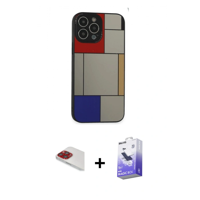 MARSİLYAN™- iPhone 13 Pro Max Kılıf Odak Klasik Serisi - Siyah Bilvis 5in1 5D Magic Hayalet Cam Ekran Koruyucu + Pers Alüminyum Kamera Lens - KI