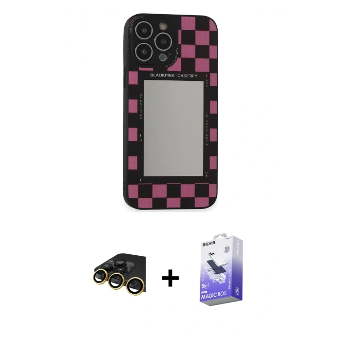 MARSİLYAN™- iPhone 13 Pro Max Kılıf Odak Klasik Serisi - Siyah Bilvis 5in1 5D Magic Hayalet Cam Ekran Koruyucu + Raze Metal Kamera Lens - GD