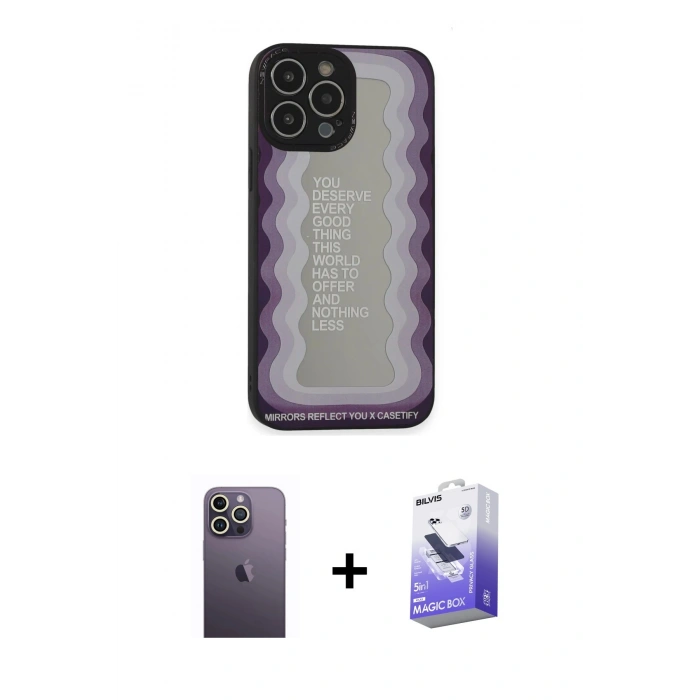 MARSİLYAN™- iPhone 13 Pro Max Kılıf Odak Klasik Serisi - Siyah Bilvis 5in1 5D Magic Hayalet Cam Ekran Koruyucu + Neon Fosforlu Kamera Lens - BZ