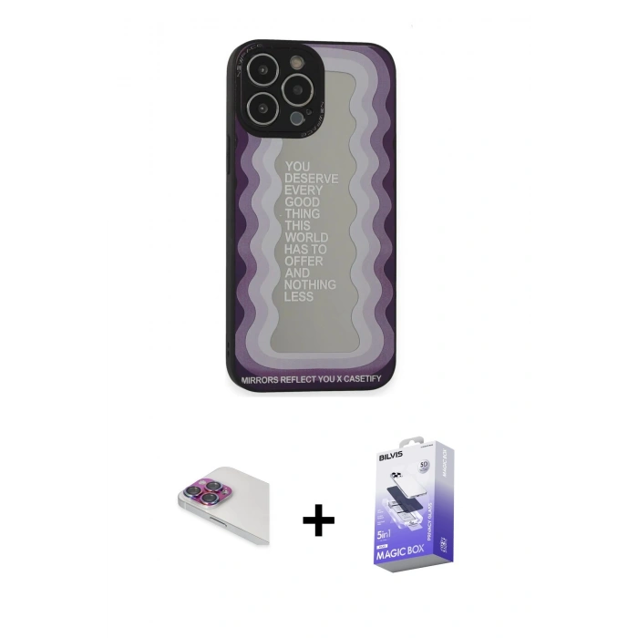 MARSİLYAN™- iPhone 13 Pro Max Kılıf Odak Klasik Serisi - Siyah Bilvis 5in1 5D Magic Hayalet Cam Ekran Koruyucu + Pers Alüminyum Kamera Lens - GI