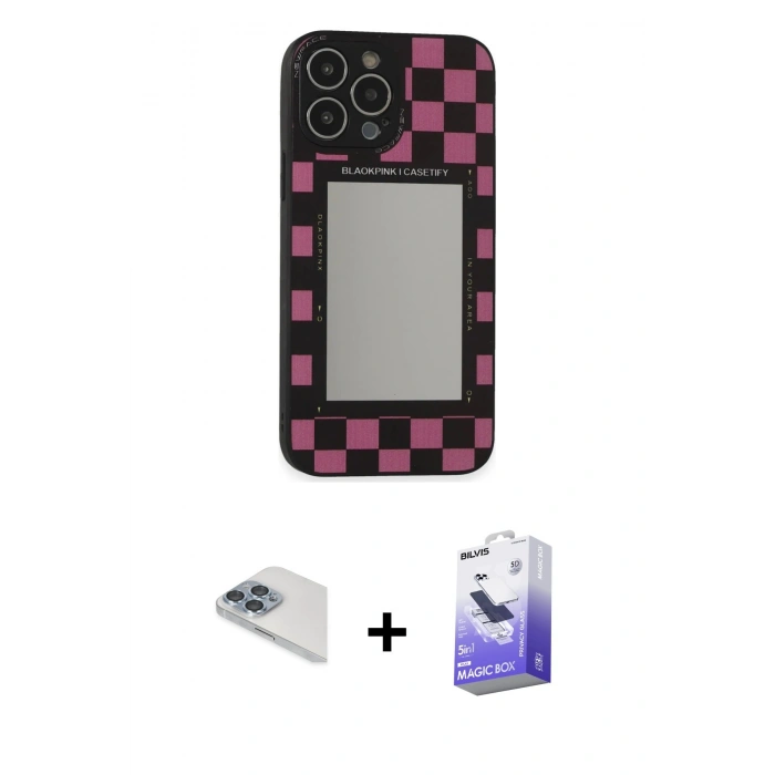 MARSİLYAN™- iPhone 13 Pro Max Kılıf Odak Klasik Serisi - Siyah Bilvis 5in1 5D Magic Hayalet Cam Ekran Koruyucu + Pers Alüminyum Kamera Lens - SABE