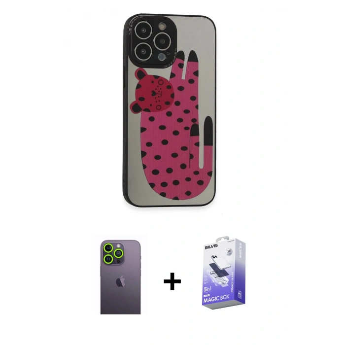 MARSİLYAN™- iPhone 13 Pro Max Kılıf Odak Klasik Serisi - Siyah Bilvis 5in1 5D Magic Hayalet Cam Ekran Koruyucu + Neon Fosforlu Kamera Lens - YL