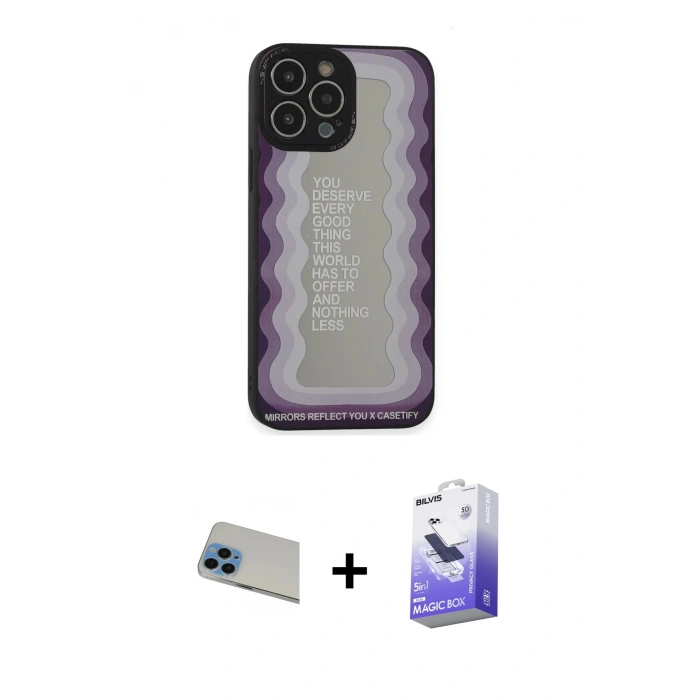 MARSİLYAN™- iPhone 13 Pro Max Kılıf Odak Klasik Serisi - Siyah Bilvis 5in1 5D Magic Hayalet Cam Ekran Koruyucu + Mavi Rainbow Kamera Lens Koruma Cam