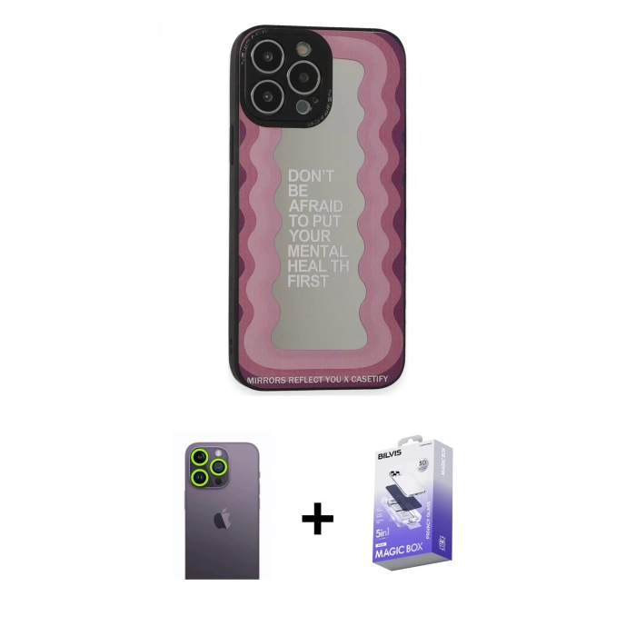 MARSİLYAN™- iPhone 13 Pro Max Kılıf Odak Klasik Serisi - Siyah Bilvis 5in1 5D Magic Hayalet Cam Ekran Koruyucu + Neon Fosforlu Kamera Lens - YL