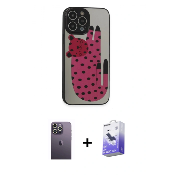 MARSİLYAN™- iPhone 13 Pro Max Kılıf Odak Klasik Serisi - Siyah Bilvis 5in1 5D Magic Hayalet Cam Ekran Koruyucu + Neon Fosforlu Kamera Lens - BZ