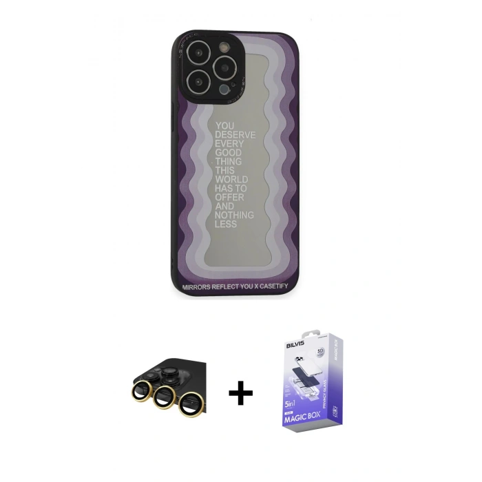 MARSİLYAN™- iPhone 13 Pro Max Kılıf Odak Klasik Serisi - Siyah Bilvis 5in1 5D Magic Hayalet Cam Ekran Koruyucu + Raze Metal Kamera Lens - GD
