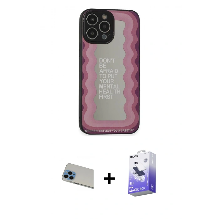 MARSİLYAN™- iPhone 13 Pro Max Kılıf Odak Klasik Serisi - Siyah Bilvis 5in1 5D Magic Hayalet Cam Ekran Koruyucu + Mavi Rainbow Kamera Lens Koruma Cam