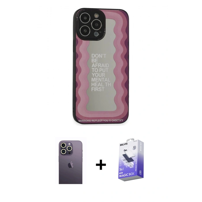 MARSİLYAN™- iPhone 13 Pro Max Kılıf Odak Klasik Serisi - Siyah Bilvis 5in1 5D Magic Hayalet Cam Ekran Koruyucu + Neon Fosforlu Kamera Lens - BZ