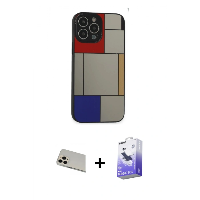 MARSİLYAN™- iPhone 13 Pro Max Kılıf Odak Klasik Serisi - Siyah Bilvis 5in1 5D Magic Hayalet Cam Ekran Koruyucu + Rainbow Kamera Lens Koruma Cam - REGD