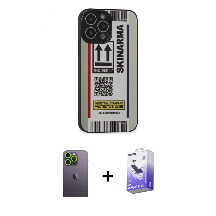 MARSİLYAN™- iPhone 13 Pro Max Kılıf Odak Klasik Serisi - Siyah Bilvis 5in1 5D Magic Hayalet Cam Ekran Koruyucu + Neon Fosforlu Kamera Lens - YL