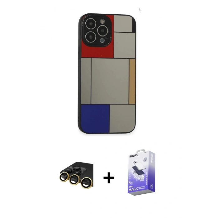 MARSİLYAN™- iPhone 13 Pro Max Kılıf Odak Klasik Serisi - Siyah Bilvis 5in1 5D Magic Hayalet Cam Ekran Koruyucu + Raze Metal Kamera Lens - GD