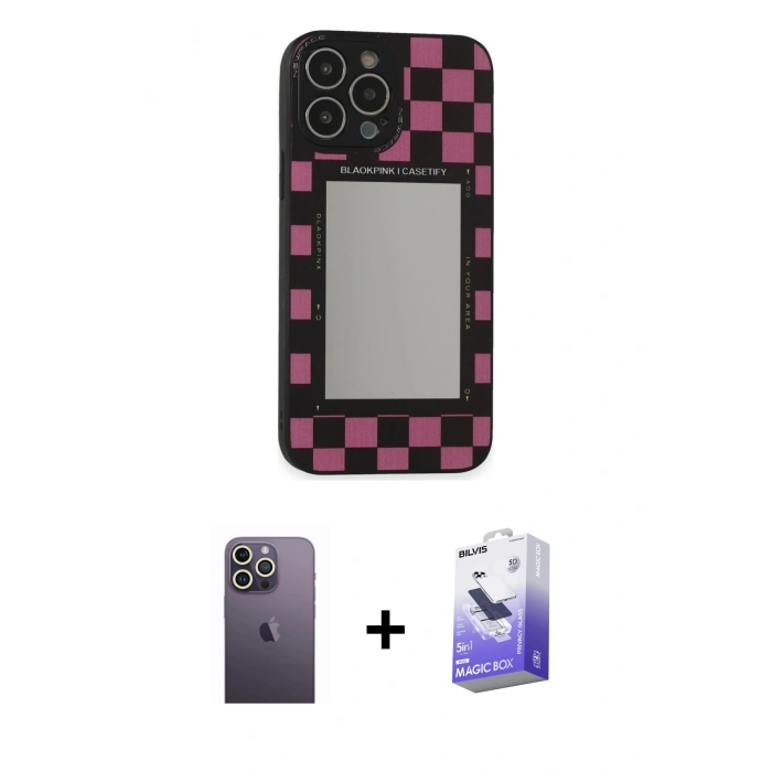 MARSİLYAN™- iPhone 13 Pro Max Kılıf Odak Klasik Serisi - Siyah Bilvis 5in1 5D Magic Hayalet Cam Ekran Koruyucu + Neon Fosforlu Kamera Lens - BZ