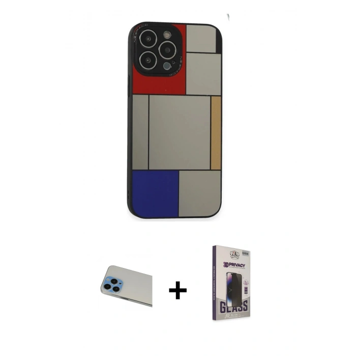 MARSİLYAN™- iPhone 13 Pro Max Kılıf Odak Klasik Serisi - Siyah Bilvis Hayalet Cam Ekran Koruyucu + Rainbow Kamera Lens Koruma Cam - MI