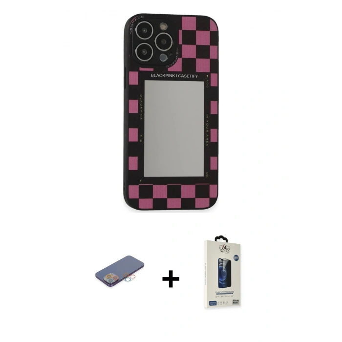 MARSİLYAN™- iPhone 13 Pro Max Kılıf Odak Klasik Serisi - Siyah Bilvis Hayalet Cam Ekran Koruyucu + Renkli Kamera Lens Koruma Cam - PE