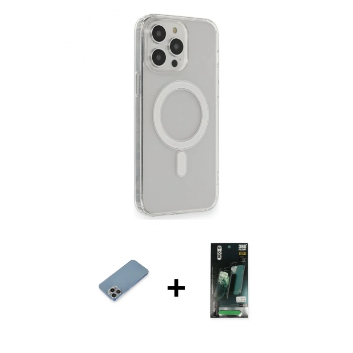 MARSİLYAN™- iPhone 13 Pro Max Kılıf Pusula Çizgi Koleksiyonu - Şeffaf 360 Full Body Arka Koruyucu + Shine Kamera Lens Koruma Cam - GI