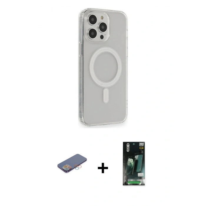MARSİLYAN™- iPhone 13 Pro Max Kılıf Pusula Çizgi Koleksiyonu - Şeffaf 360 Full Body Arka Koruyucu + Renkli Kamera Lens Koruma Cam - PE