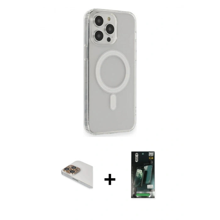 MARSİLYAN™- iPhone 13 Pro Max Kılıf Pusula Çizgi Koleksiyonu - Şeffaf 360 Full Body Arka Koruyucu + Pers Alüminyum Kamera Lens - GD