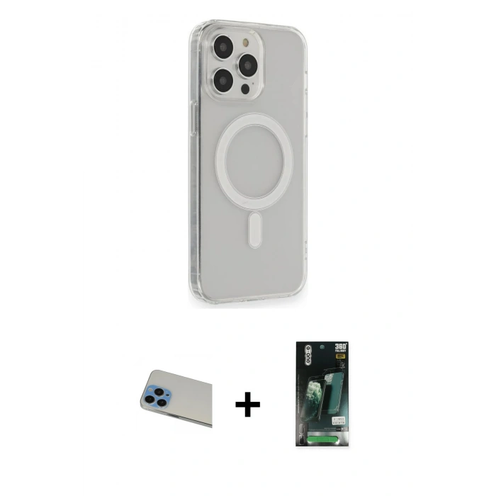 MARSİLYAN™- iPhone 13 Pro Max Kılıf Pusula Çizgi Koleksiyonu - Şeffaf 360 Full Body Arka Koruyucu + Rainbow Kamera Lens Koruma Cam - MI