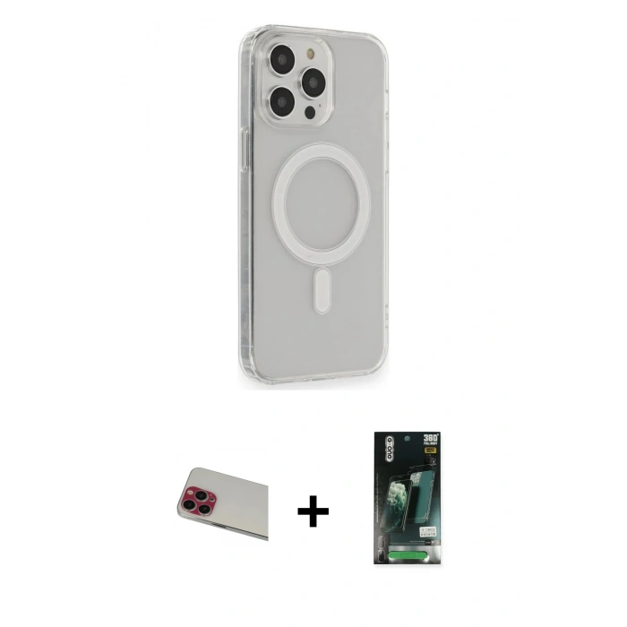 MARSİLYAN™- iPhone 13 Pro Max Kılıf Pusula Çizgi Koleksiyonu - Şeffaf 360 Full Body Arka Koruyucu + Rainbow Kamera Lens Koruma Cam - KI
