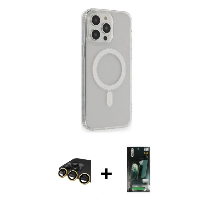 MARSİLYAN™- iPhone 13 Pro Max Kılıf Pusula Çizgi Koleksiyonu - Şeffaf 360 Full Body Arka Koruyucu + Raze Metal Kamera Lens - GD