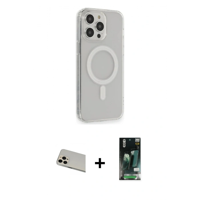 MARSİLYAN™- iPhone 13 Pro Max Kılıf Pusula Çizgi Koleksiyonu - Şeffaf 360 Full Body Arka Koruyucu + Rose Gold Rainbow Kamera Lens Koruma Cam